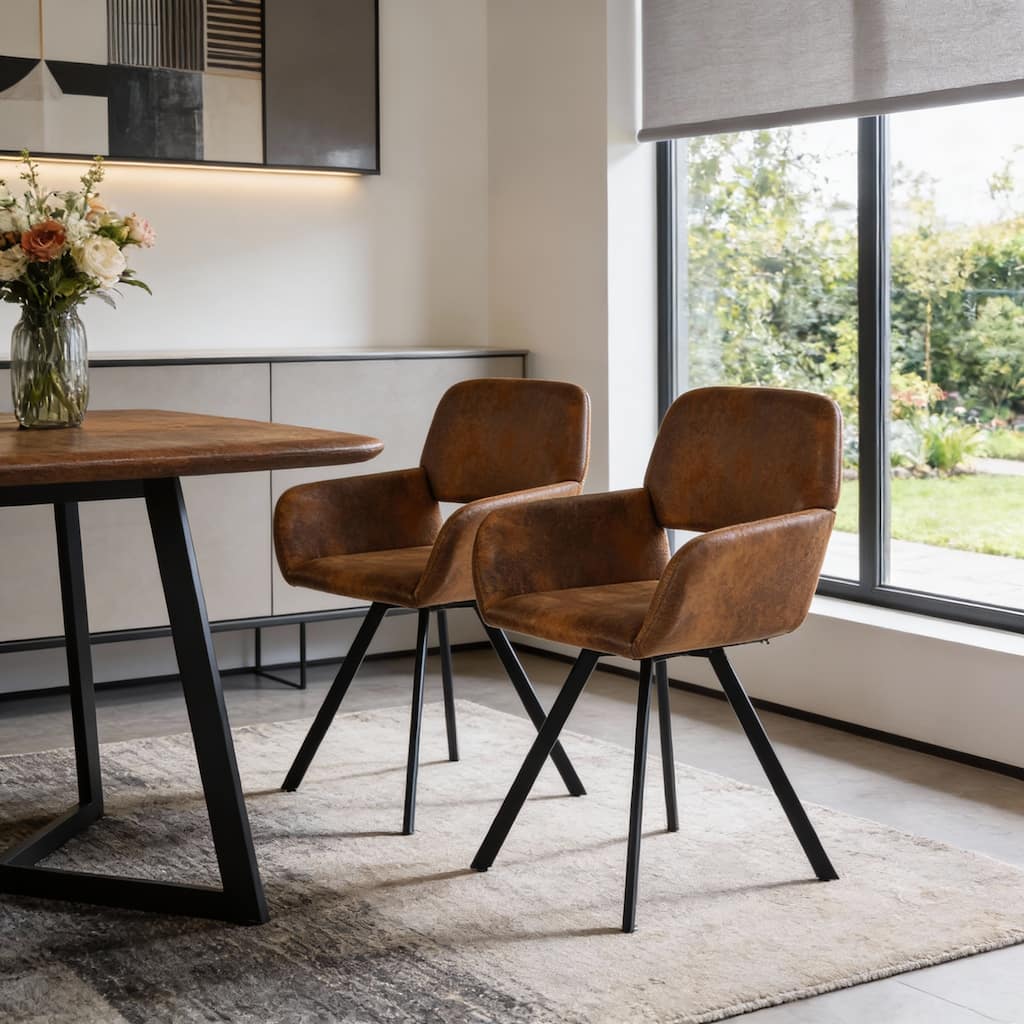 HomeRoots Set of Two Espresso and Black Faux Suede and Steel Dining Arm Chairs - 16.10 in. x 32.30 in. x 16.50 in.