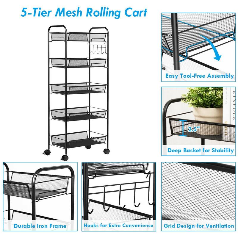 Costway 5 Tier Storage Rack Trolley Cart Home Kitchen Organizer