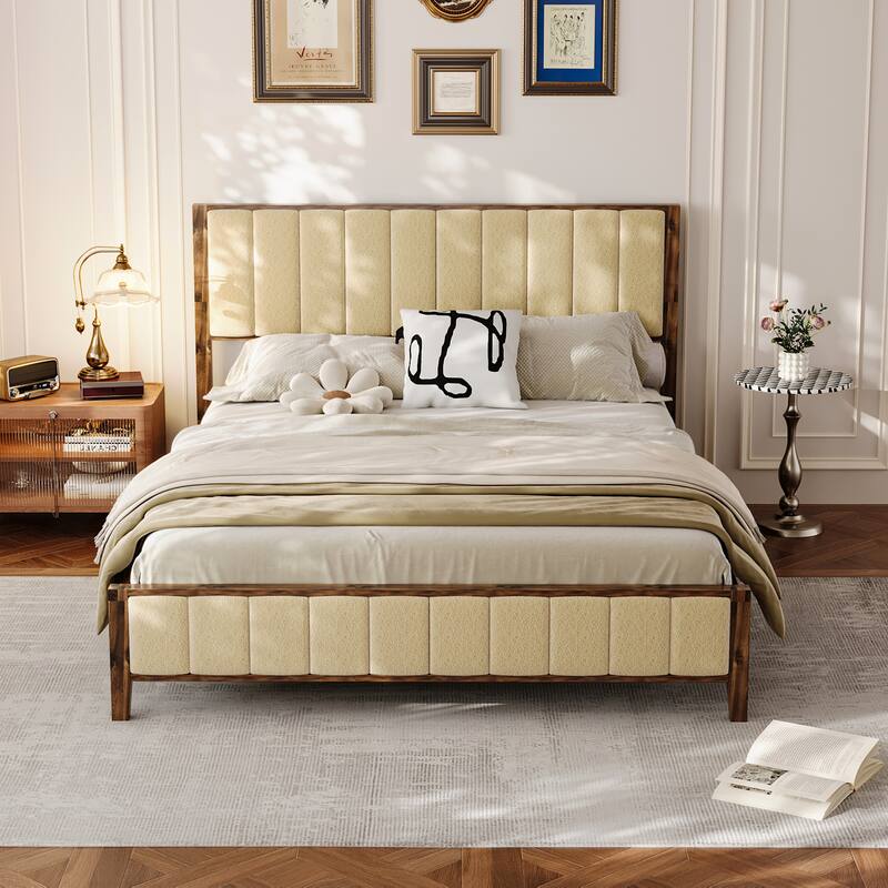 Solid Rubber Wood Platform Bed Frame with Upholstered Headboard - Queen Size Modern Bed