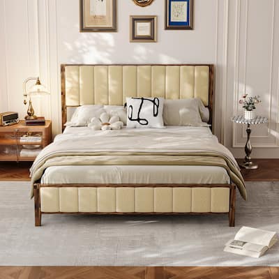 Solid Rubber Wood Platform Bed Frame with Upholstered Headboard - Queen Size Modern Bed