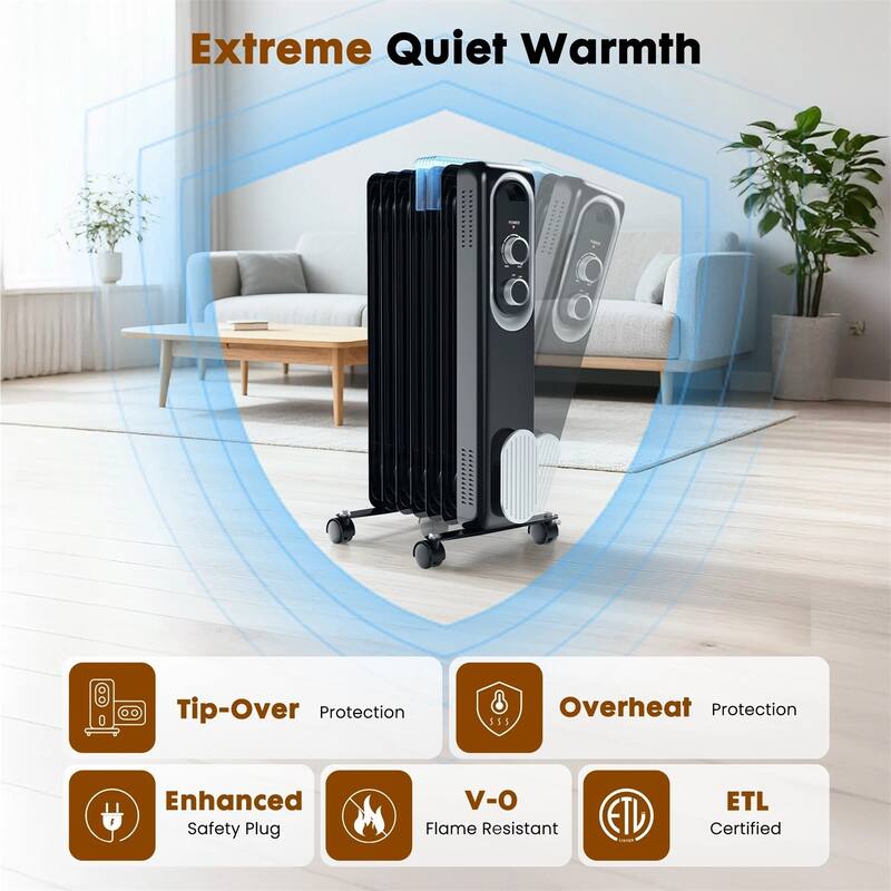 Oil Space Heater, Portable Radiator Heater with 3 Heat Settings, 1500W Thermostat, Tip-Over Protection