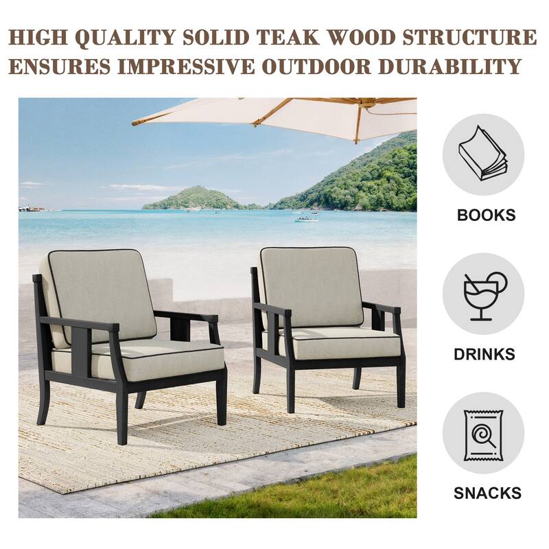 Black Wood Patio Accent Chairs with Water-Resistant Cushions