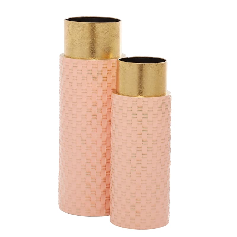 Pink Metal Weave Inspired Vase with Gold Top (Set of 2) - 6 x 6 x 18