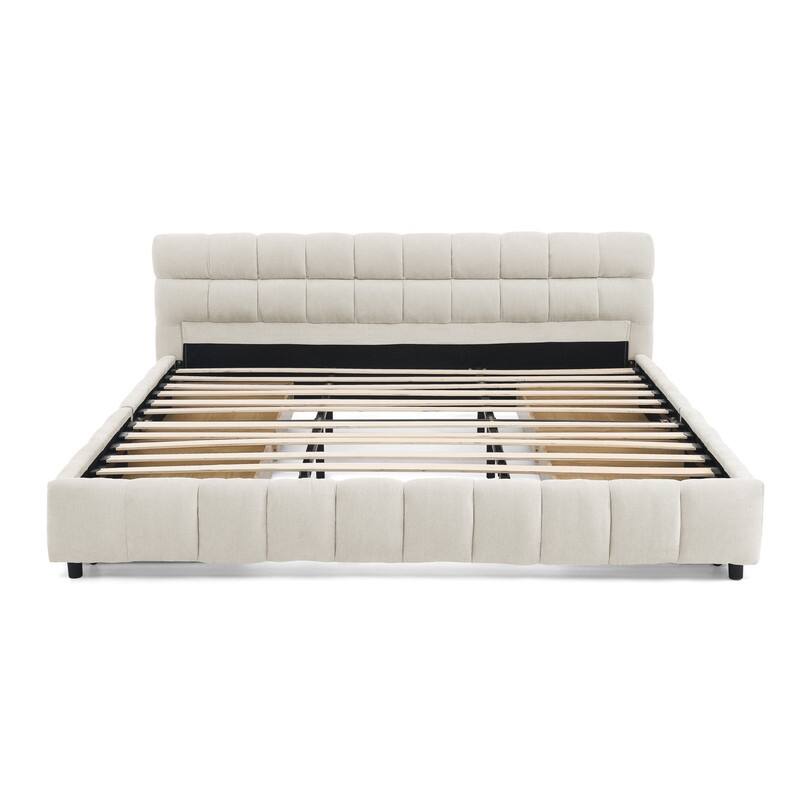 King size Chenille fabric Upholstered Platform Bed with Headboard and Drawers