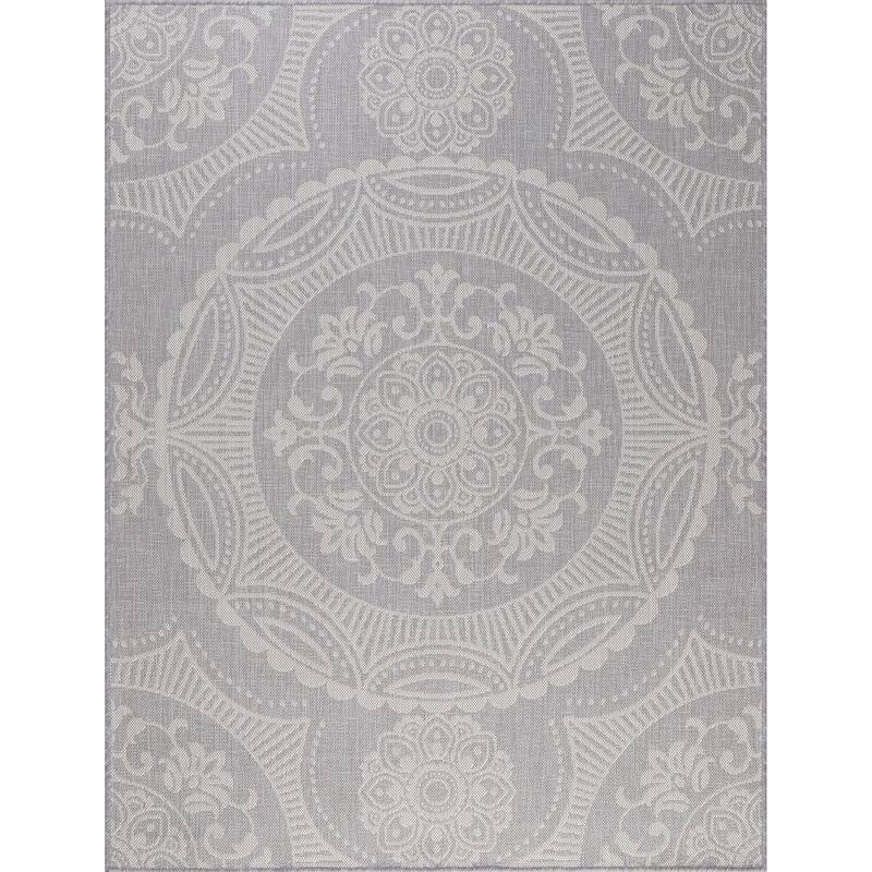 Beverly Rug Grey Medallion Indoor Outdoor Rug, Outside Carpet for Patio, Deck, Porch