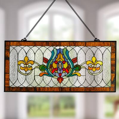 River of Goods Fleur De Lis Stained Glass Pub Window Panel - 30"L x 0.25"W x 14"H