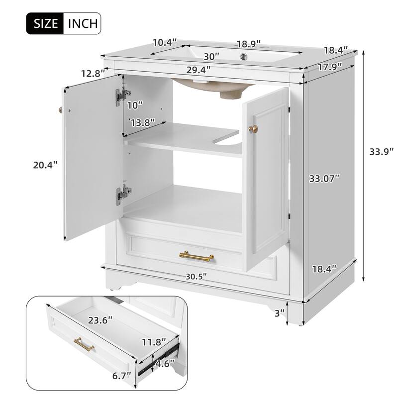 30" Bathroom Vanity with Ceramic Sink, Solid Wood Frame, 2 Soft-Close Doors, Storage Cabinet with Shelf