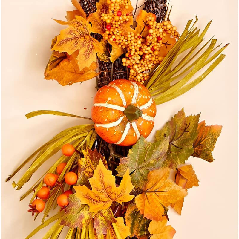 26" Fall Twig Teardrop w/ Long Grasses, Berries, Pumpkins & Leaves