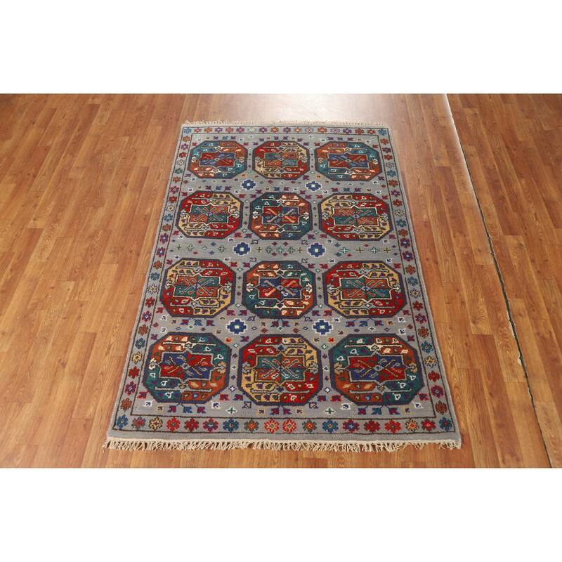 Hand Knotted Oriental 100% Wool Carpet Traditional All-Over Greys & Charcoal Kazak Area Rug - 5' 9'' X 3' 11''
