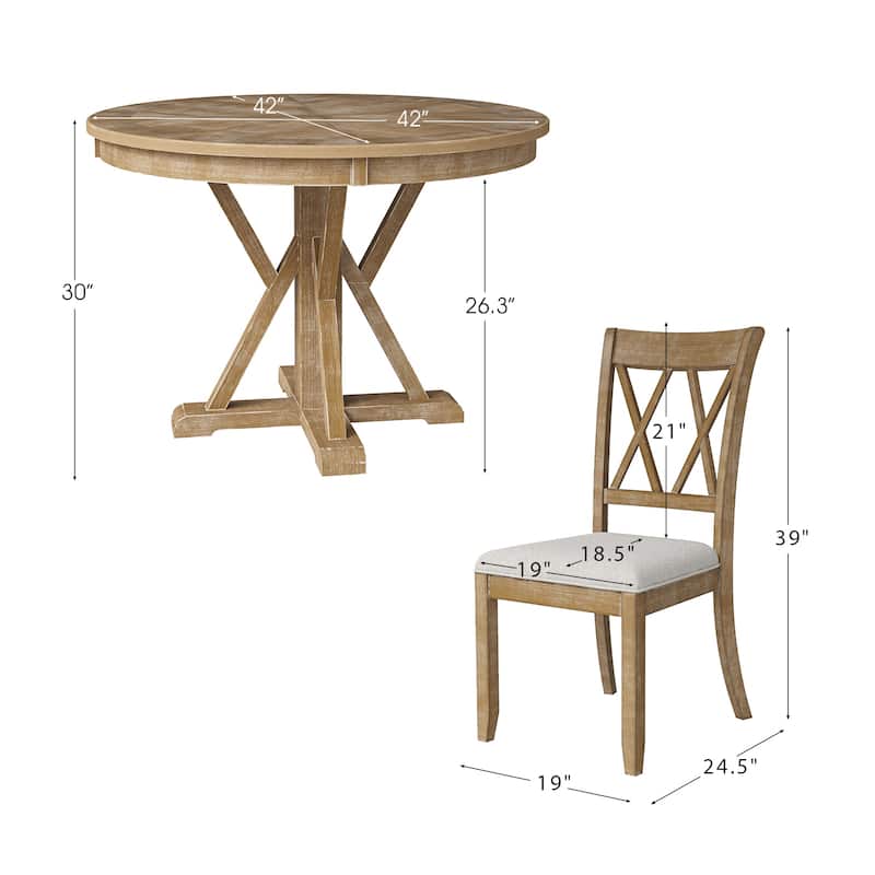 Nuria Farmhouse 5-Piece Round Natural Dining Set with 4 Chairs and Round Table by HULALA HOME