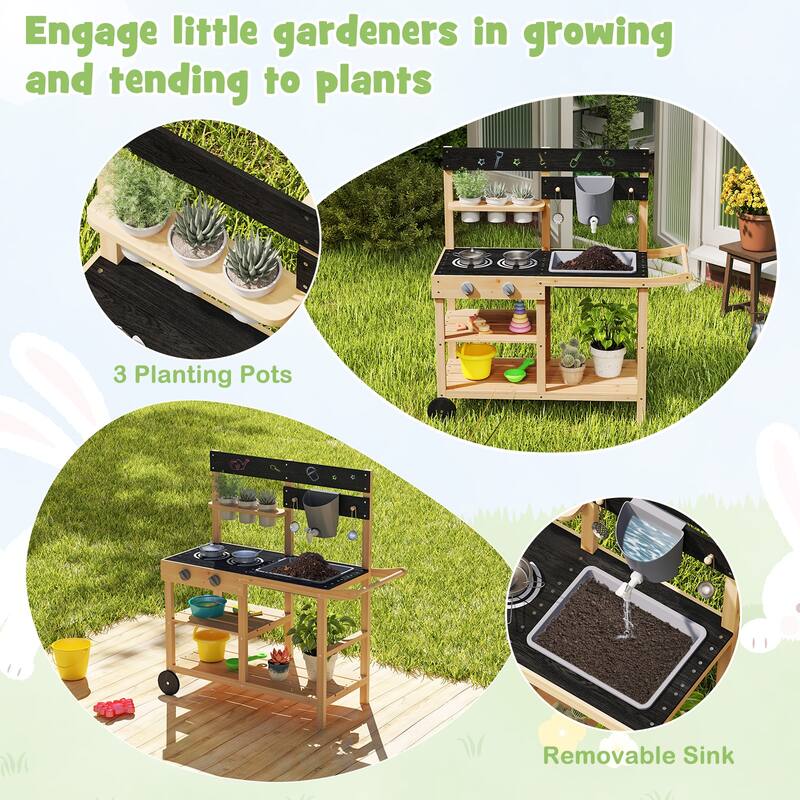 Outdoor Fir Wood Play Kitchen with Blackboard and Planting Pots-Natural - Multi