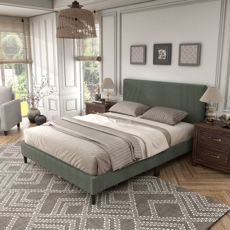 Furniture of America Modern Corduroy Queen Size Platform Bed, No Box Spring Needed