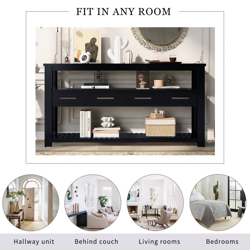 Roomfitters 61.5" Entryway Table with 4 Drawers, 3-Tier Console Sofa Table with Open Shelves for Hallway