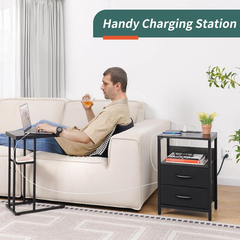 Nightstand with Charging Station,Small Night Stand with Fabric Drawers & Storage Shelf,Small Spaces with USB Ports & Outlets