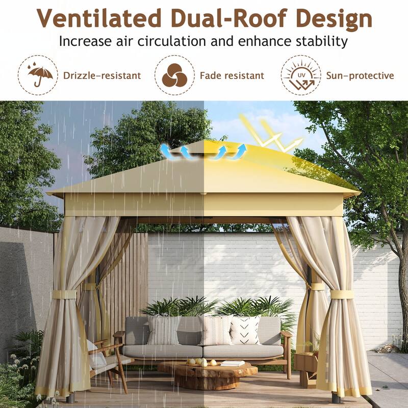10x10 Outdoor Gazebo Tent with Double Roofs(Beige)