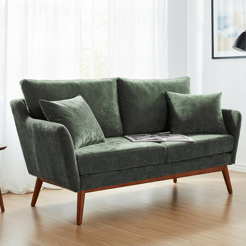 Linen Blend Mid-Century Modern Small Spaces Loveseat Two-Seater Sofa With Solid Wood Base - Green