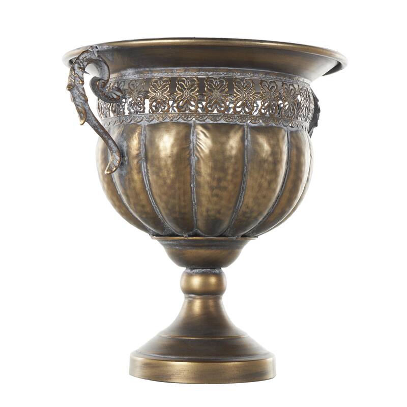 Metal Urn Shaped Decorative Vase with Hammered Details and Cut Outs - Bronze - Roche River Decor