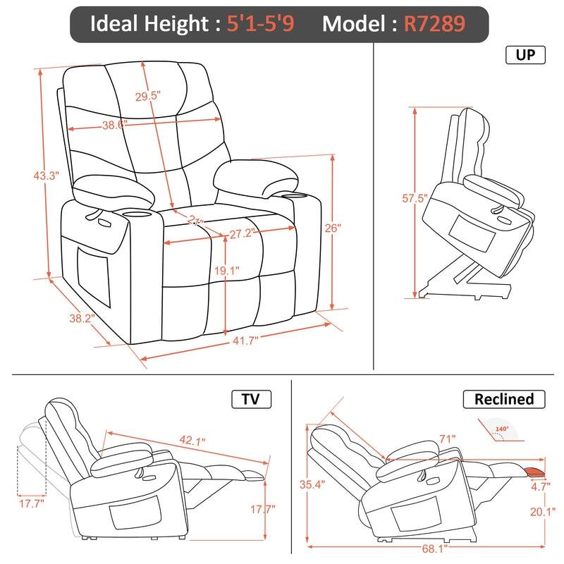 MCombo Electric Power Lift Recliner Chair Sofa for Elderly, 2 Side Pockets and Cup Holders, Faux Leather 7288