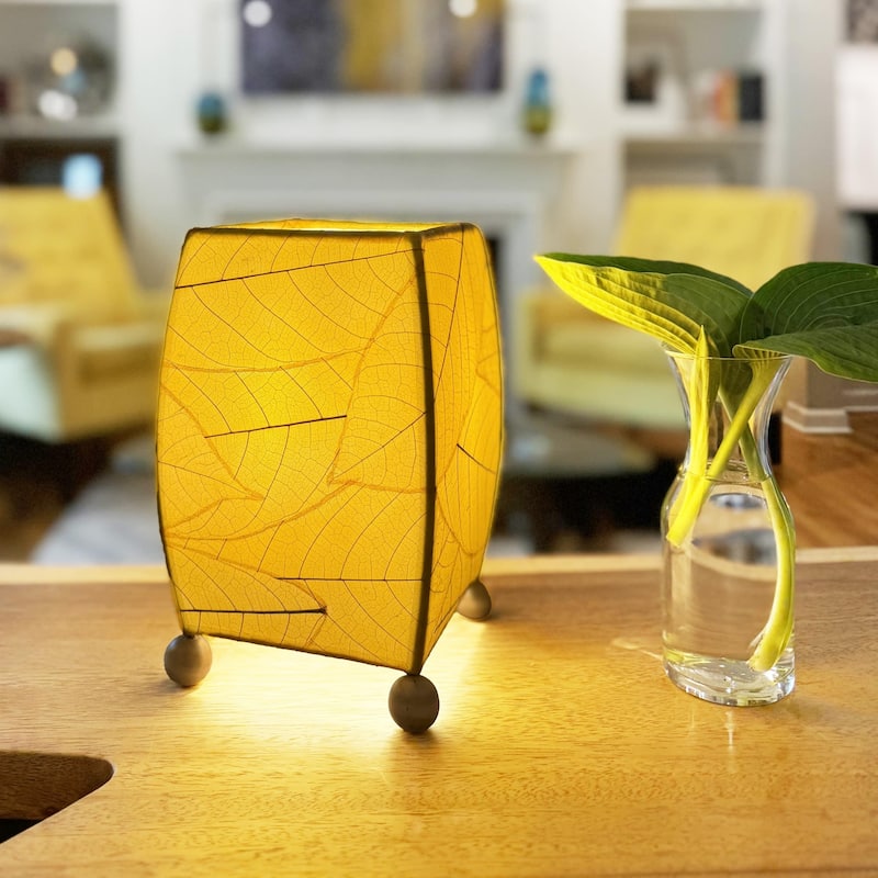 Handmade Mini Square Cocoa Leaf Table Lamp, Cocoa Leaves Shade, 6 x 6 x 9 in.