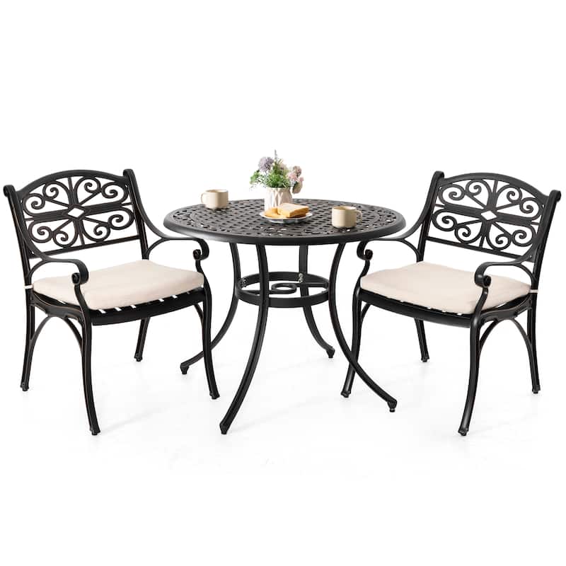 Outdoor Bistro Set of 3 Cast Aluminum Bistro Set with Umbrella Hole