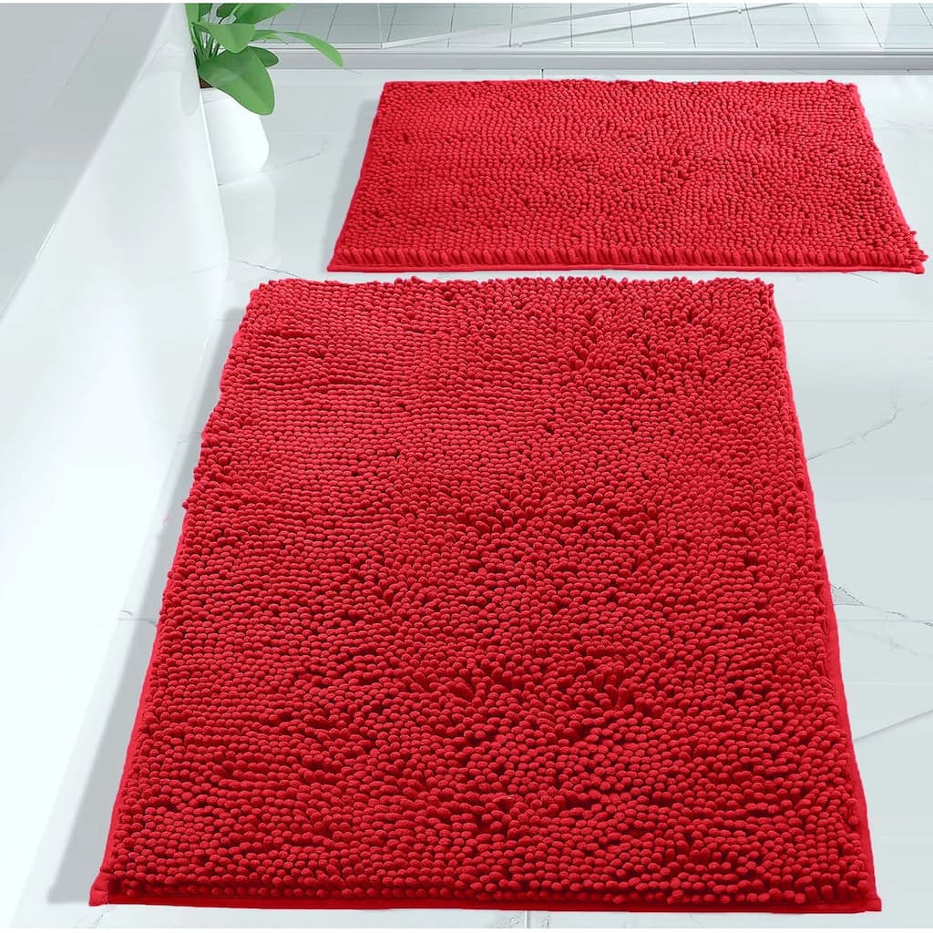 Large 2 Piece Set Red Soft Cozy Plush Chenille Bath Mat Bathroom Rug