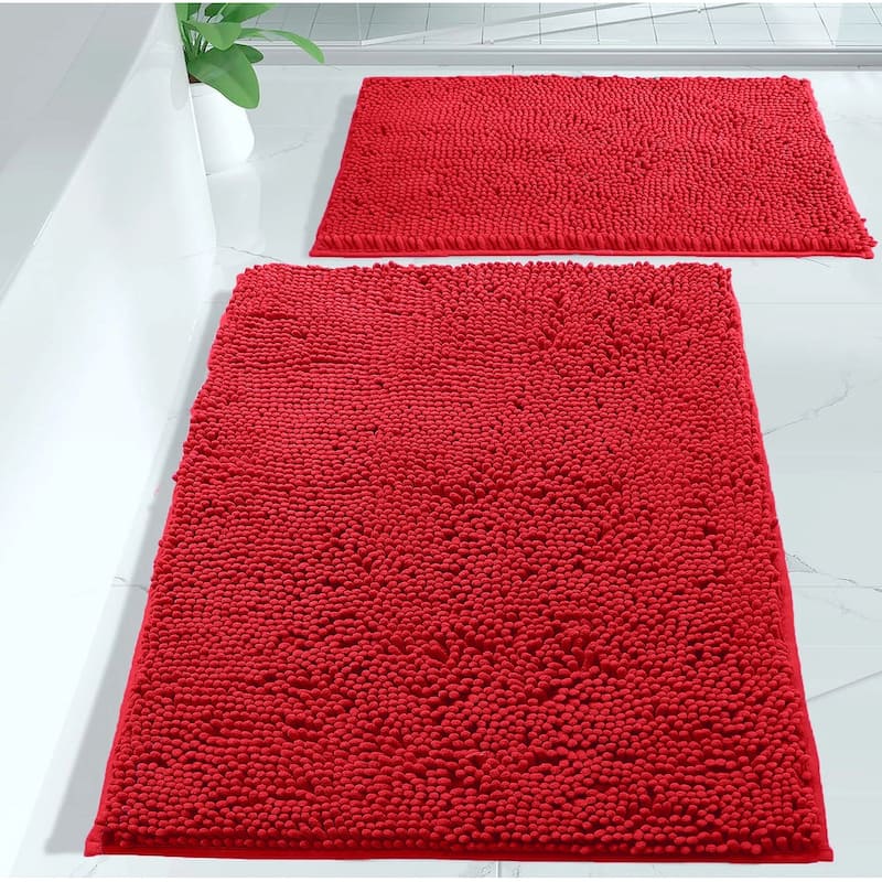 Large 2 Piece Set Red Soft Cozy Plush Chenille Bath Mat Bathroom Rug - Red