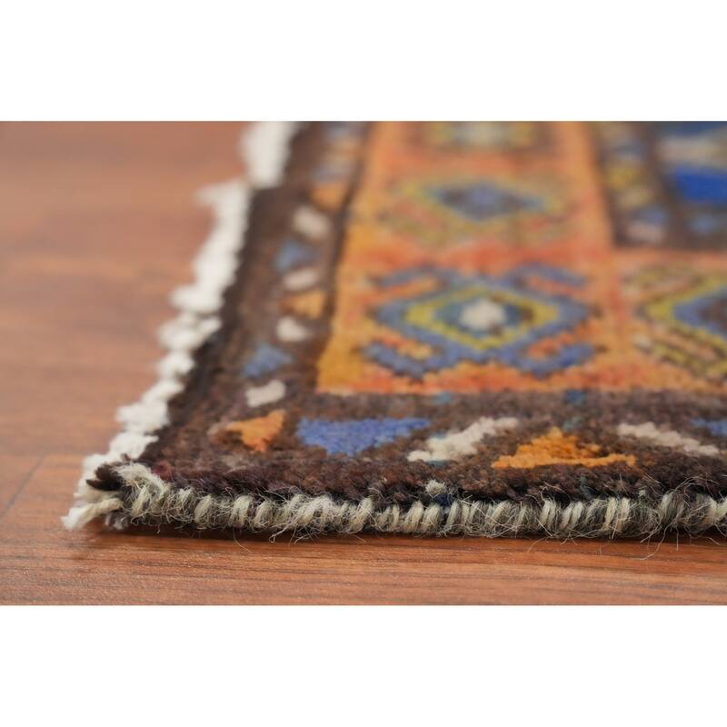 Hand Knotted Oriental 100% Wool Carpet Traditional Geometric Oranges & Rust Hamedan Runner Rug - 9' 7'' X 3' 3''