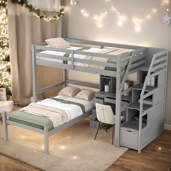 slide 2 of 34, Twin Over Twin Loft Bed With A Stand-alone Bed,Staircase,Desk,Shelves