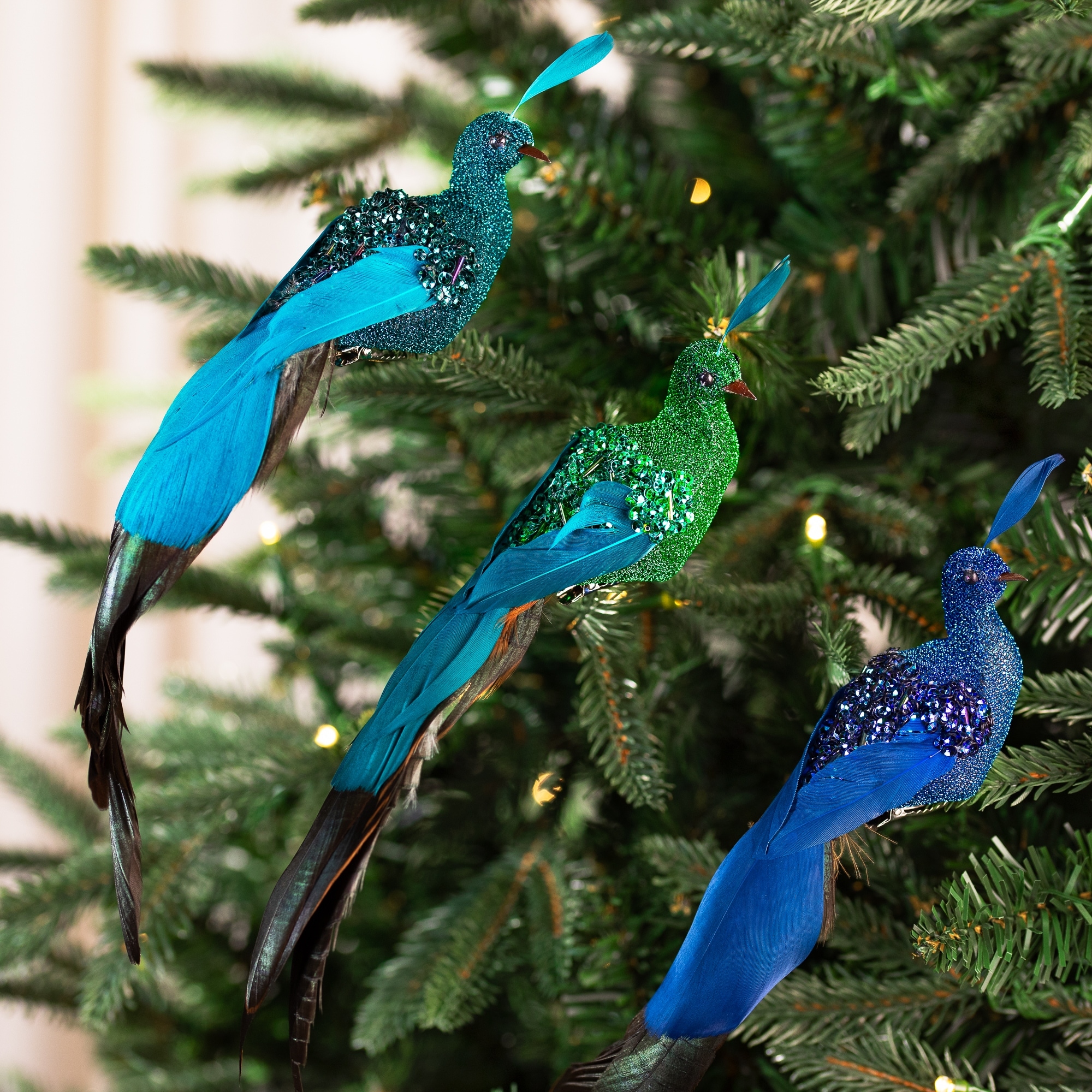 Sequin Peacock Clip-On Christmas Ornaments 9" Blue And Green Set of 3