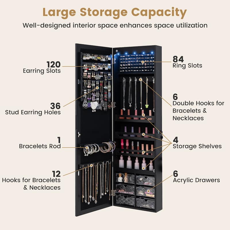 Gymax Jewelry Armoire w/ Full-Length Mirror w/ Built-in LED Lights