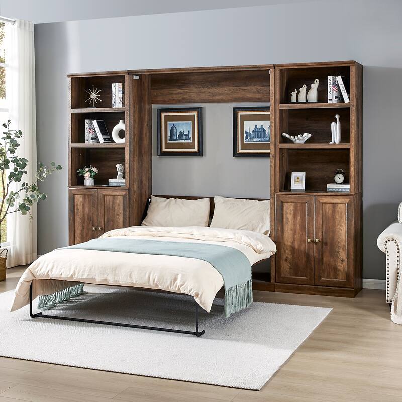 Half Self-Close and Open Murphy Bed with 2 Side Cabinet Storage Shelf