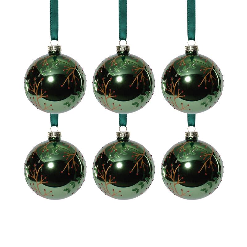 Shiny Green Metallic Glass Ball Ornaments with Gold Leaf & Twig Design, Set of 6, 3.25"
