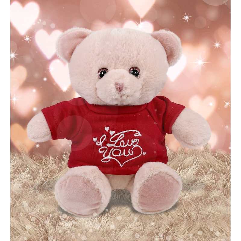 DolliBu I LOVE YOU Super Soft Baby Pink Bear Plush with Red Shirt - 8 inches
