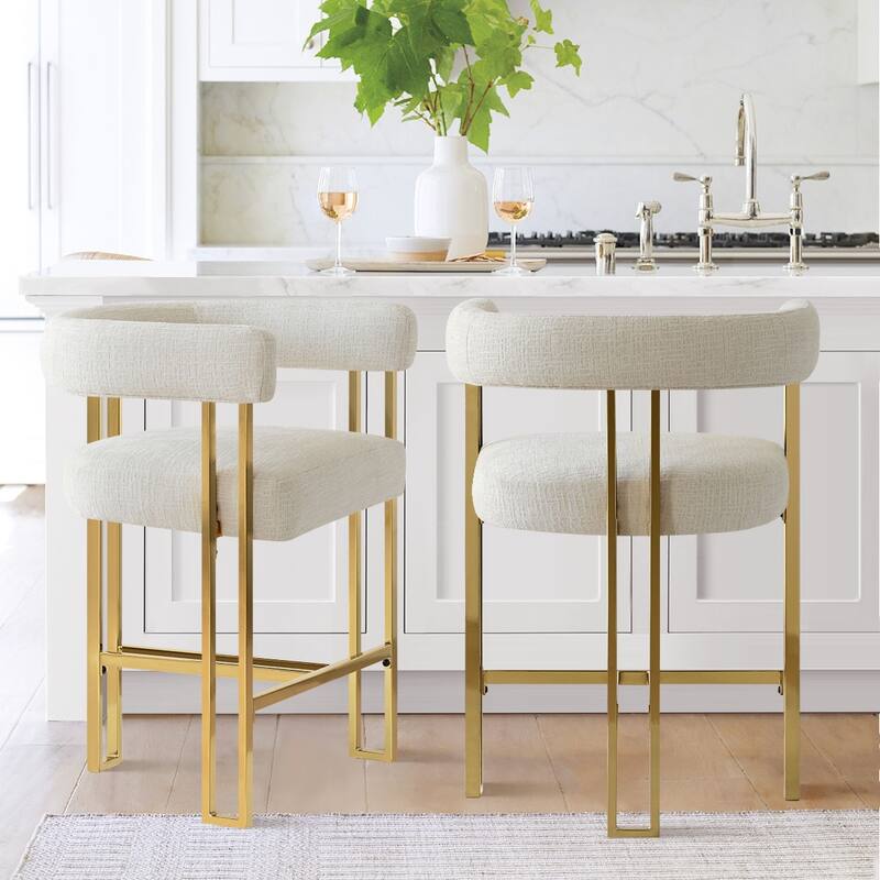 25" Seat Height Upholstered Chenille Gold Matel Counter Stool - Ivory-2-piece - Set of 2