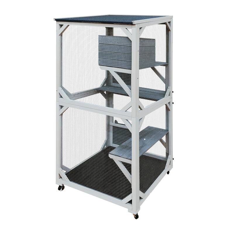 30.7" Wooden Catio Outdoor Cat Enclosure,Luxury Cat House on Wheels with Napping House,4 Platforms & Weatherproof Asphalt Roof