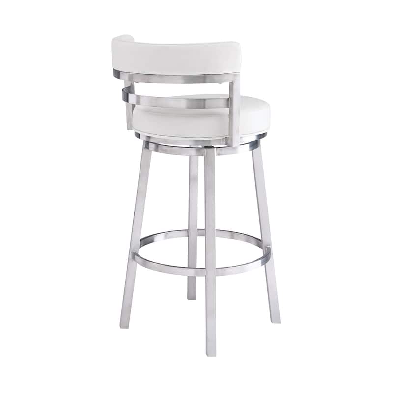 Silver Brushed Iron Frame Swivel Bar Stool with Faux Leather - 21” x 20” x 39” (D x W x H)