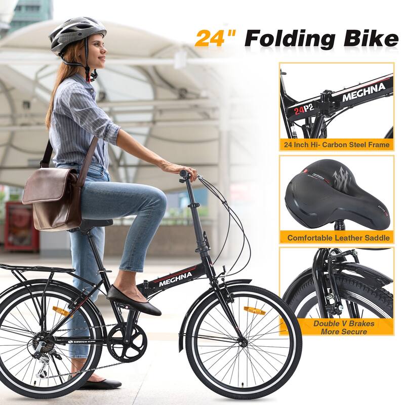 24" Folding City Bike, Shimano 7 Speed Road Cycling Bicycle with Dual V-Brake, Steel Frame for Teens, 16 Years and Up