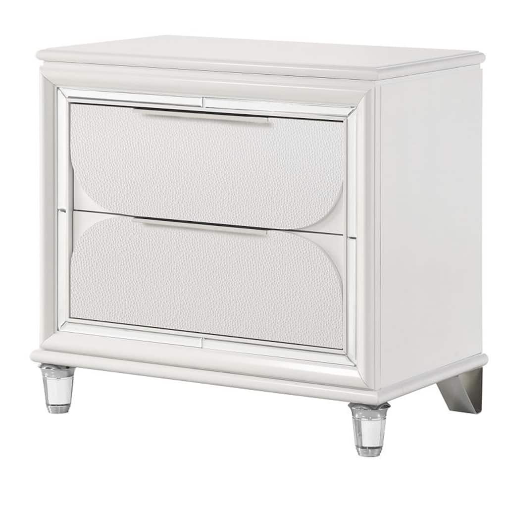 Rara 30 Inch Nightstand, 2 Drawers, Mirror Trim, Acrylic Legs, White