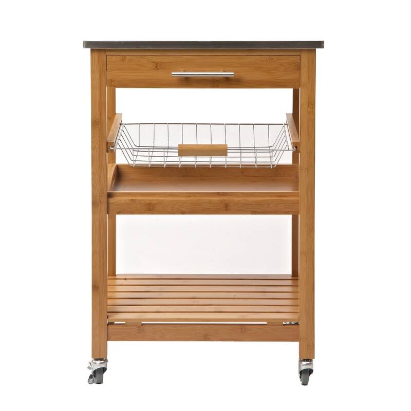 34 Inch Bamboo Kitchen Cart Island, Metal Basket, Stainless Steel Top, Brown