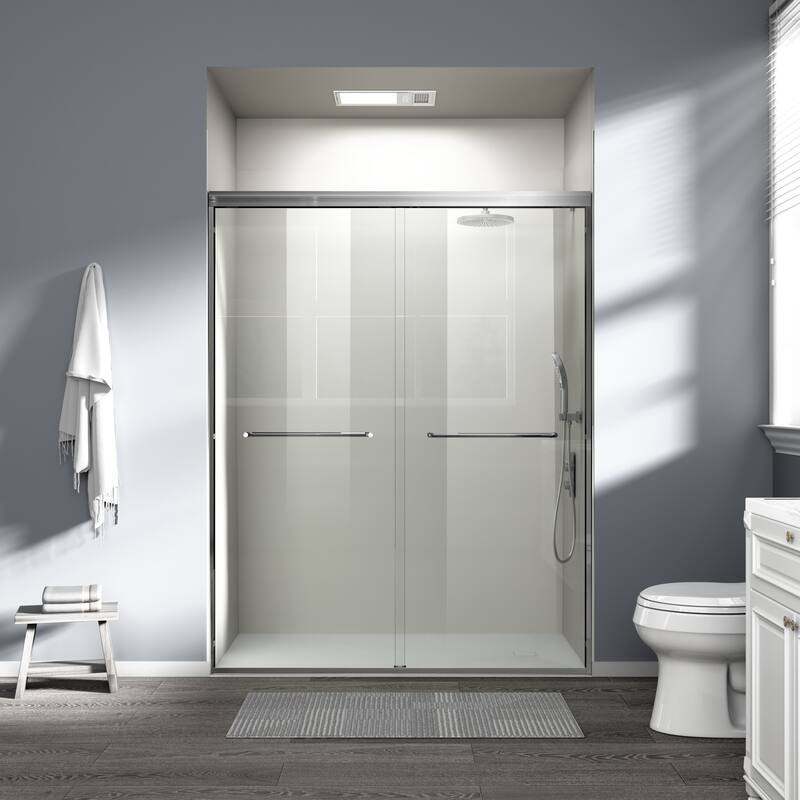 ABRUZZO 56-60" W x 72" H Semi-Frameless Double Sliding Tempered Glass Shower Door with Dual Towel Bars - Brushed Nickel