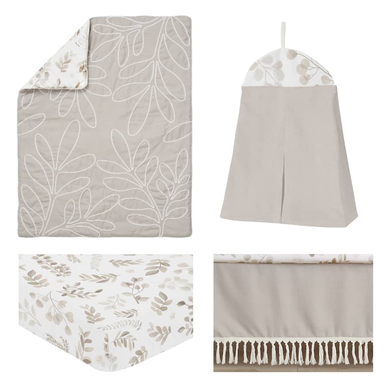 Boho Botanical Leaf Boy Girl 4pc Nursery Crib Bedding Set - Ivory Beige Tan Taupe Linen Woodland Farmhouse Floral Bohemian