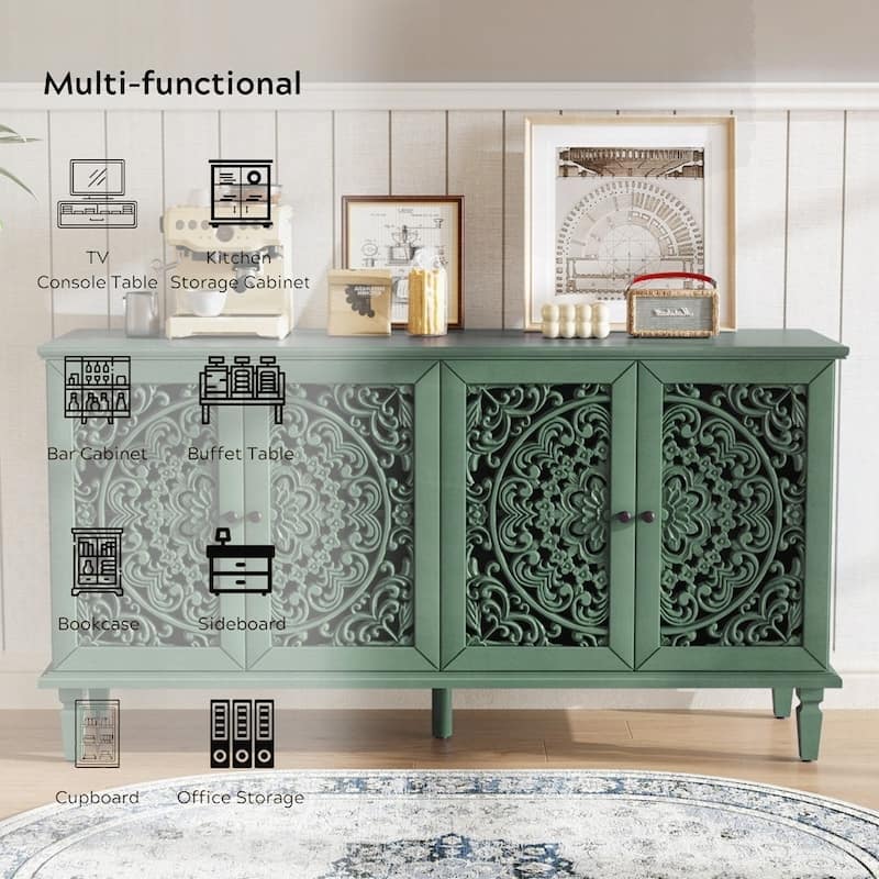 Carved Flower Door Large Storage Cabinet With Metal Handle