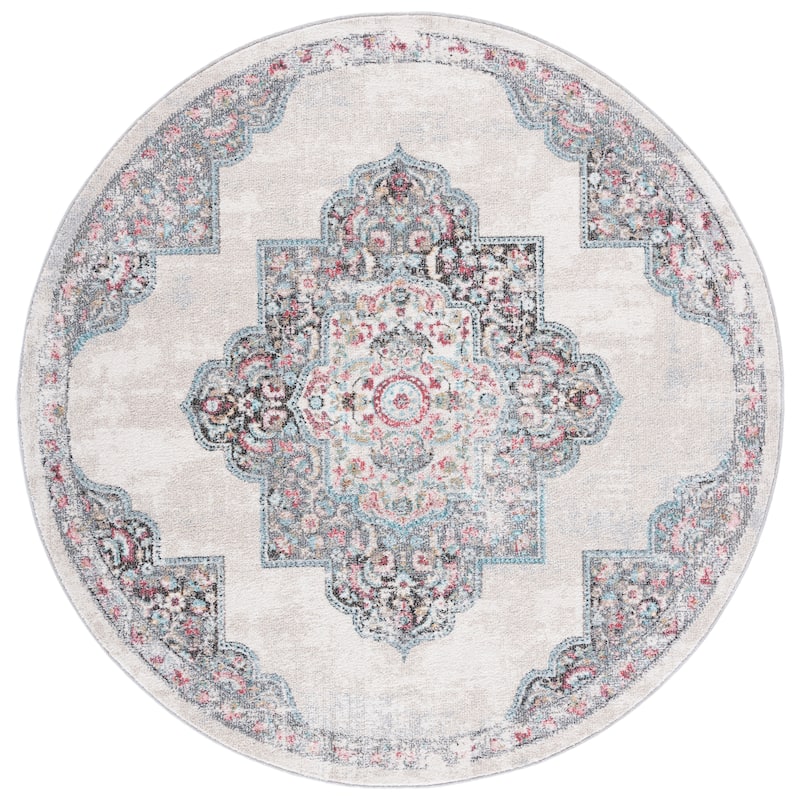 SAFAVIEH Phoenix Rosemary Medallion Distressed Rug - 6'7" Round - Ivory/Grey