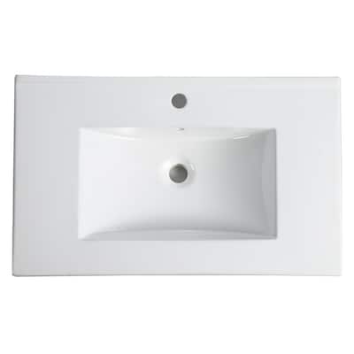 30 inch White Rectangular Ceramic Single Vanity Top with Single Faucet Hole and Overflow