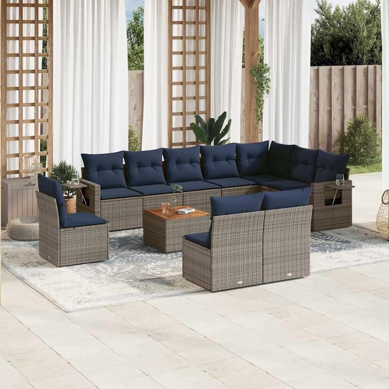 vidaXL 11 Piece Patio Sofa Set with Cushions Black Poly Rattan - 24.4" x 24.4" x 27.2" - Grey and blue