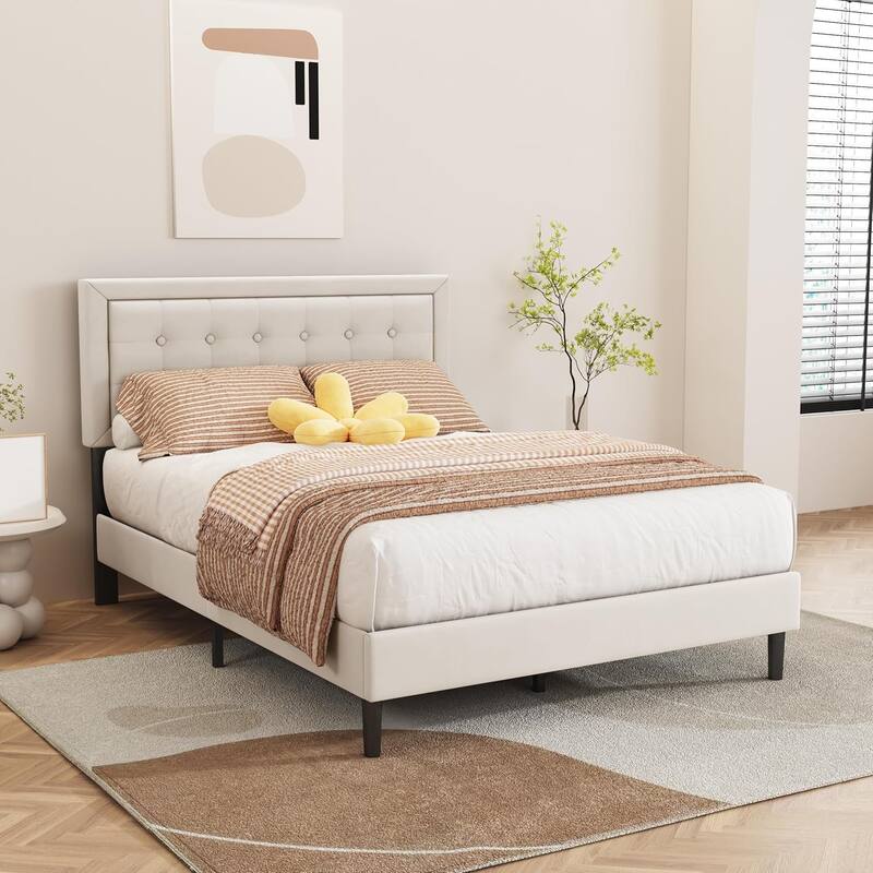 alazyhome Upholstered Platform Bed Frame with Button Tufting Headboard