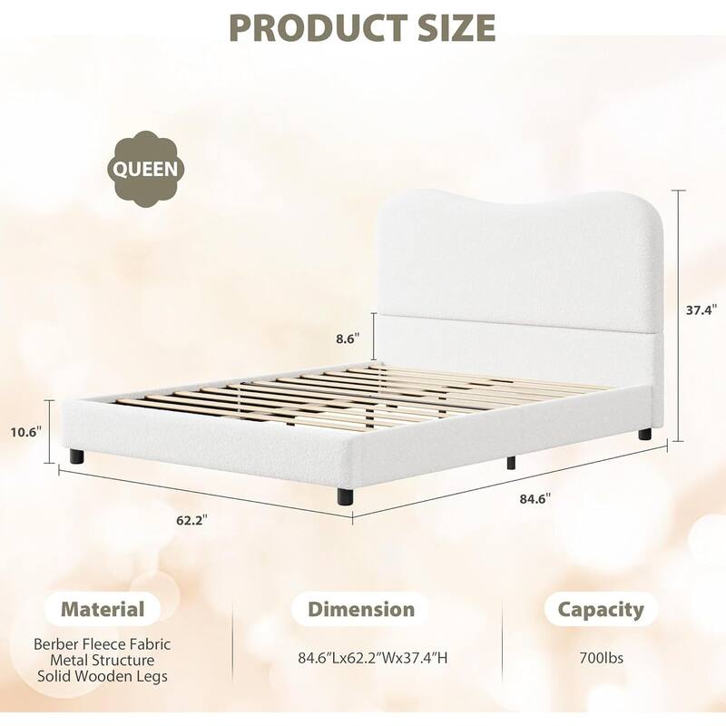 Upholstered Boucle Bed Frame with Headboard, No Box Spring Needed, White