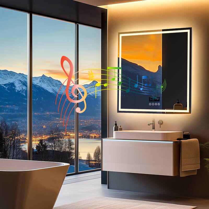 Smart LED Illuminated Fog-free Large Bathroom Mirror with Bluetooth Speakers, Digital Display
