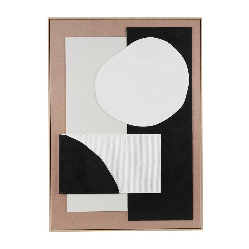 Brown Wood Textured Geometric Framed Wall Art with Abstract Black and White Shapes and Fabric Backing