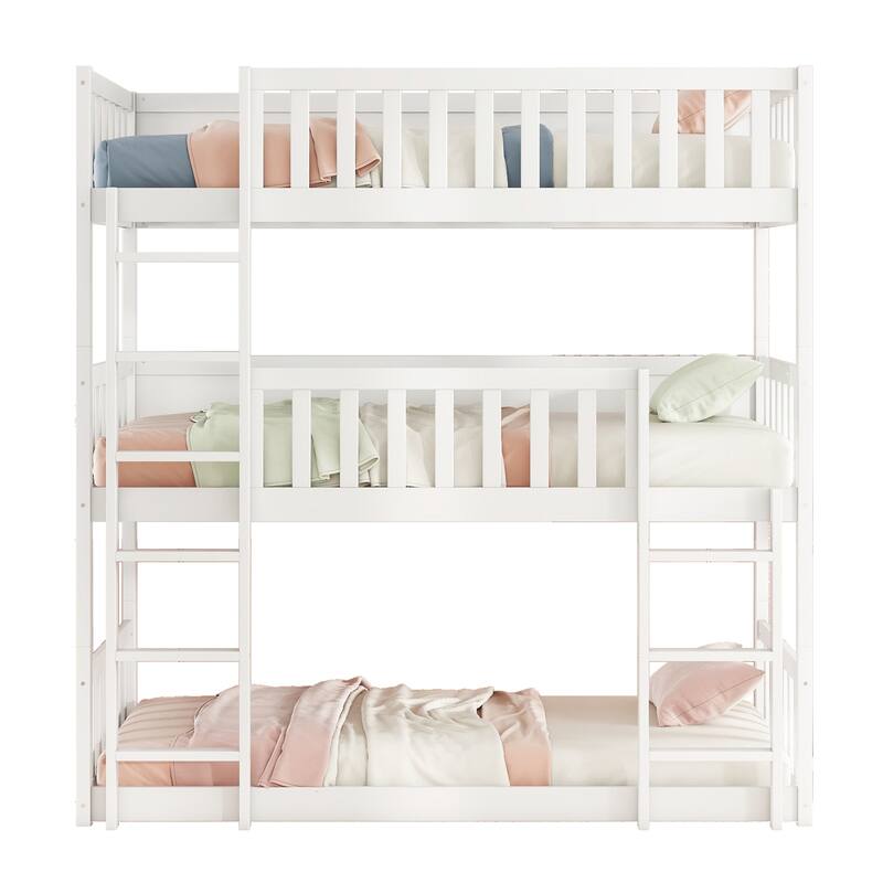 Roomfitters Twin Triple Bunk Bed, Rubber Wood Detachable Design with Ladders and Guardrails, Twin over Twin over Twin